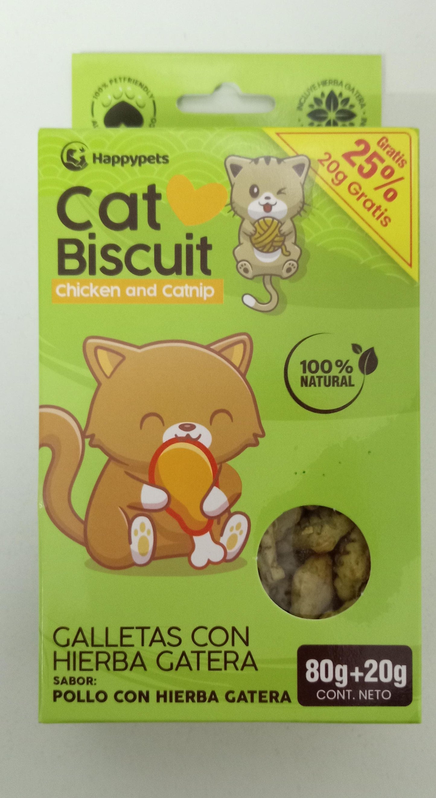 HAPPYPETS CAT BISCUIT POLLO Y HIERBA GATERA 100 gr.