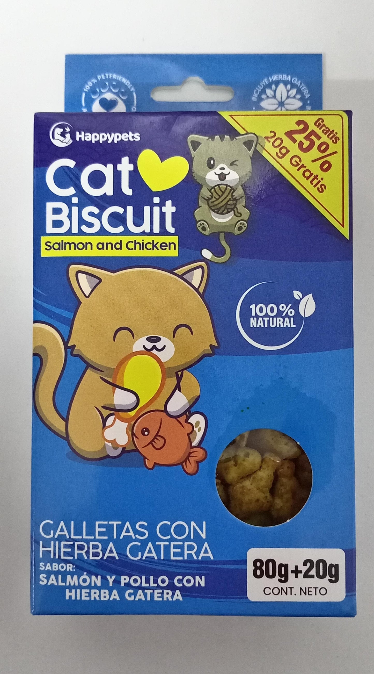 HAPPYPETS CAT BISCUIT SALMON Y POLLO CON HIERBA GATERA 100 gr.