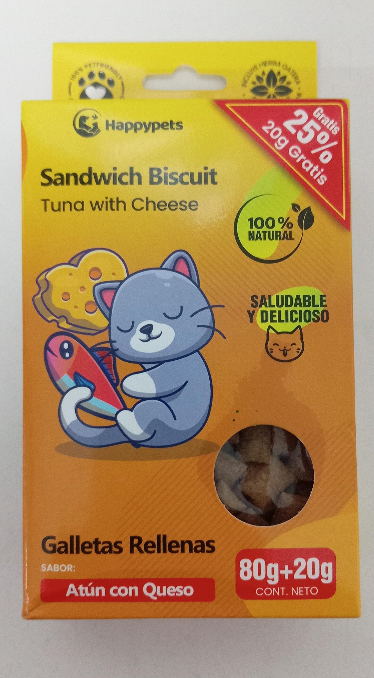 HAPPYPETS CAT BISCUIT ATUN Y QUESO CON HIERBA GATERA 100 gr.
