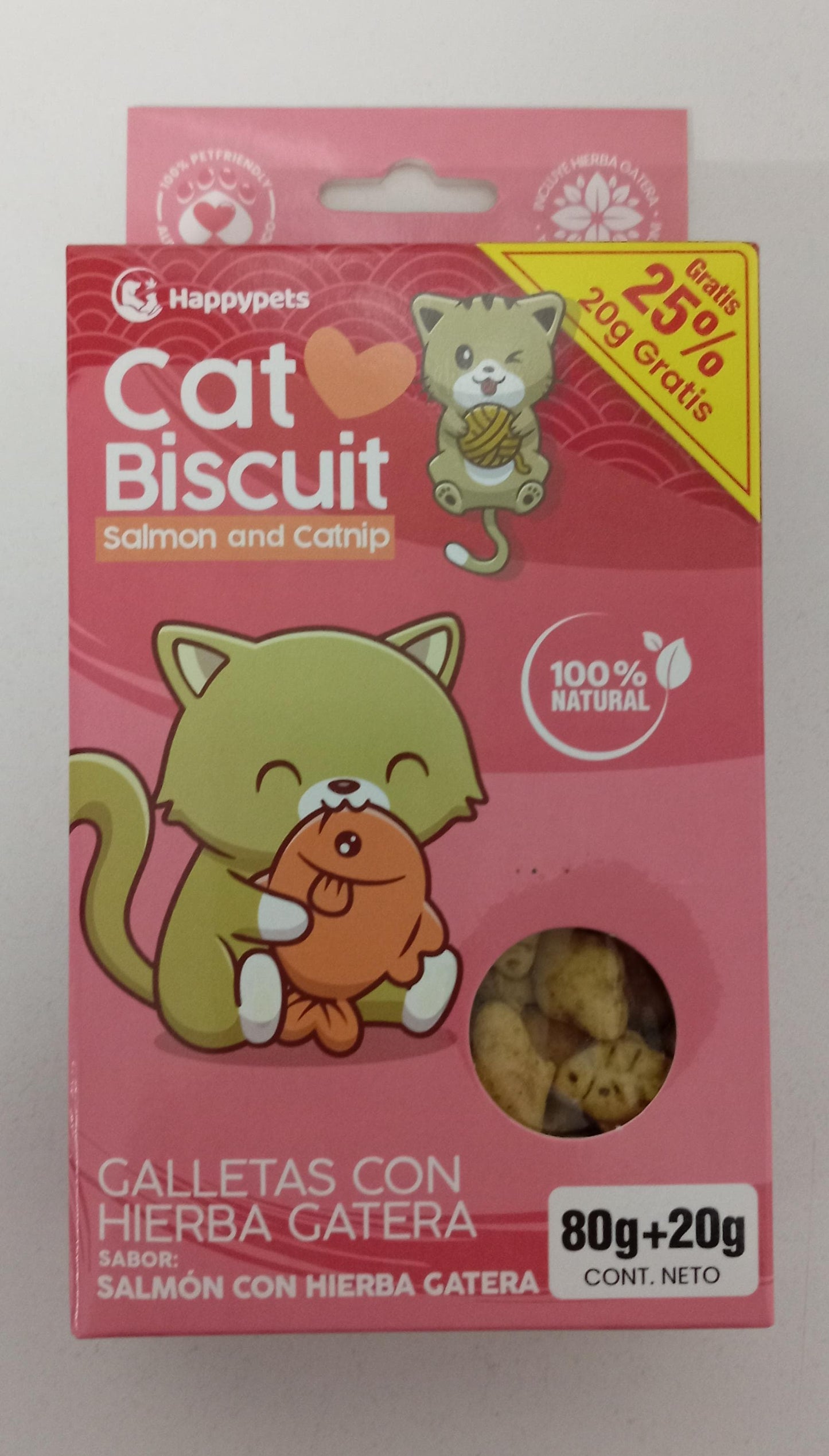 HAPPYPETS CAT BISCUIT SALMON Y HIERBA GATERA 100 gr.