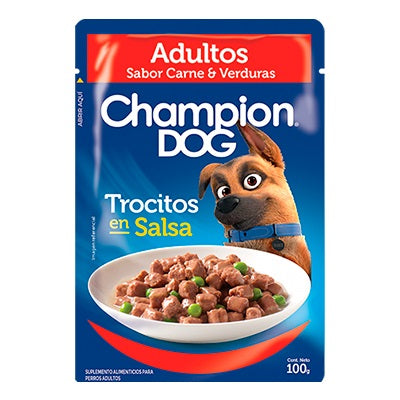 CHAMPION DOG POUCH ADULTOS TROCITOS EN SALSA CARNE Y VEGETALES 100 gr.