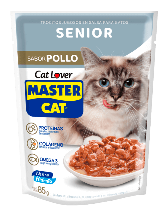 MASTER CAT POUCH SENIOR TROCITOS JUGOSOS POLLO 85 gr.