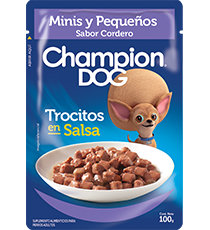 CHAMPION DOG POUCH ADULTOS TROCITOS EN SALSA MINIS Y PEQUEÑOS CORDERO 100 gr.