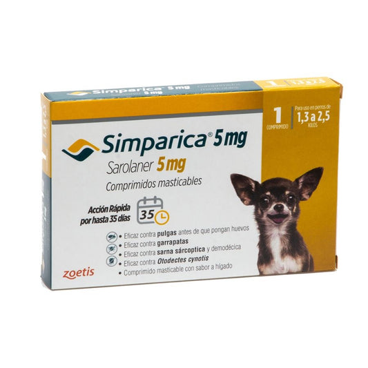 ZOETIS SIMPARICA - SAROLANER 5 mg. - 1,3 A 2,5 kg.