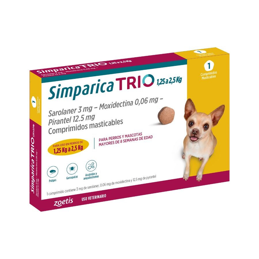 ZOETIS SIMPARICA TRIO 1,25 A 2,5 kg. 1 COMPRIMIDO