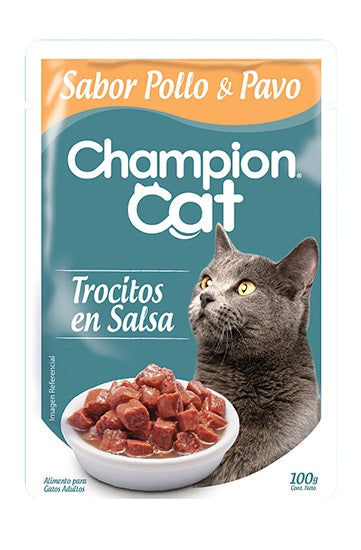 CHAMPION CAT POUCH ADULTOS TROCITOS EN SALSA POLLO Y PAVO 100 gr.