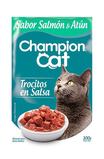 CHAMPION CAT POUCH ADULTOS TROCITOS EN SALSA ATUN Y SALMON 100 gr.