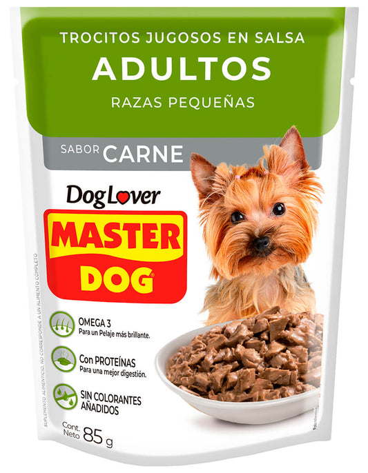 MASTER DOG POUCH ADULTOS RAZAS PEQUEÑAS TROCITOS EN SALSA CARNE 85 gr.